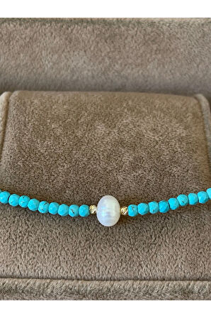 14 Ayar Çift Altın Dorika Detaylı Doğal Turkuaz Ve Natural İncili Özel Altın Kolye