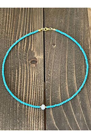 14 Ayar Çift Altın Dorika Detaylı Doğal Turkuaz Ve Natural İncili Özel Altın Kolye