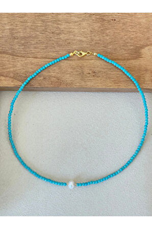 14 Ayar Çift Altın Dorika Detaylı Doğal Turkuaz Ve Natural İncili Özel Altın Kolye