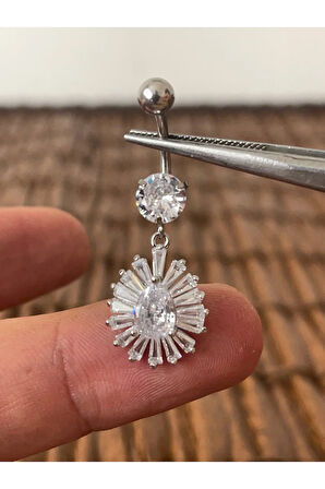 316 L Cerrahi Çelik Parlak Zirkon Taşlı Baget Göbek Piercingi