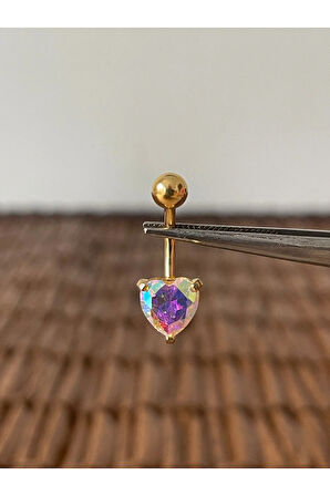 316 L Cerrahi Çelik Parlak Zirkon Taşlı Kalp Modeli Göbek Piercingi