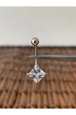 316 L Cerrahi Çelik Kare Parlak Zirkon Taşlı Göbek Piercingi