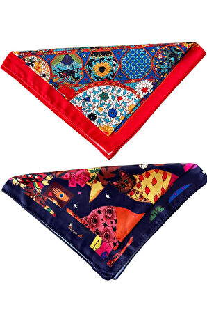 2 Li Saten Bandana Seti Saten Fular Saten Çanta Aksesuarı Özel Desen Bandana 45X50 Cm