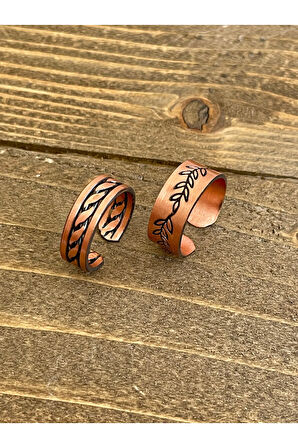 %100 Saf Bakır Ayarlanabilir Ölçü 2li Yüzük Özel Tasarım Bakır Yüzük
