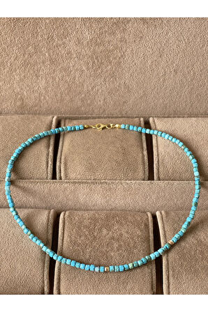 14 Ayar Altın Küp Detaylı Doğal Kare Kesim Firuze Taşlı Zairf Altın Kolye