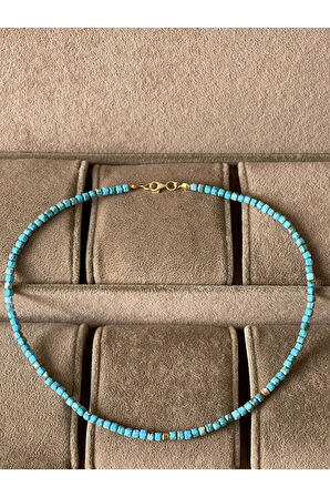 14 Ayar Altın Küp Detaylı Doğal Kare Kesim Firuze Taşlı Zairf Altın Kolye