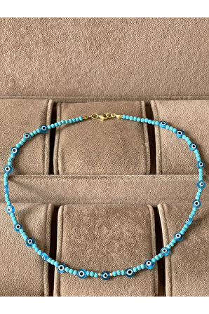 14 Ayar Çift Altın Dorika Detaylı Firuze Taşlı Nazar Boncuklu Altın Kolye