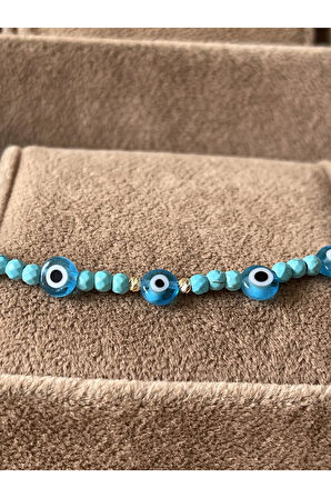 14 Ayar Çift Altın Dorika Detaylı Firuze Taşlı Nazar Boncuklu Altın Kolye