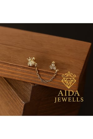 925 Ayar Gümüş Arılı Tasarım Zincirli Piercing Gümüş Küpe