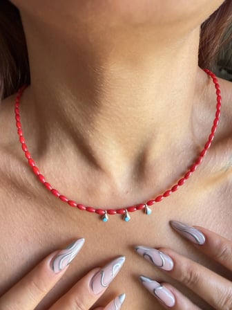 Gümüş Kilitli Arpa Kesim Mercan Taşlı Gümüş Turkuaz Aparatlı Doğaltaş kolye