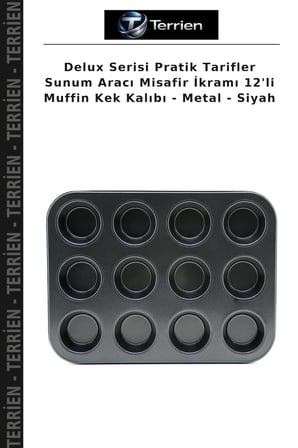 Delux Serisi Pratik Tarifler Sunum Aracı Misafir İkramı 12'li Muffin Kek Kalıbı - Metal - Siyah