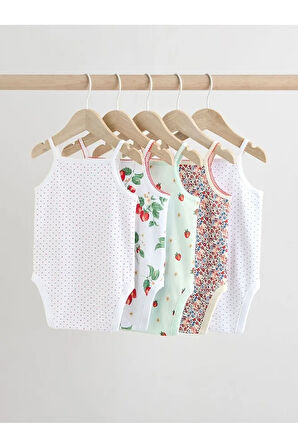 % 100 Pamuklu Beyaz İp Askılı Çilek Desenli 5'li Body Zıbın Set