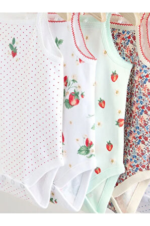 % 100 Pamuklu Beyaz İp Askılı Çilek Desenli 5'li Body Zıbın Set