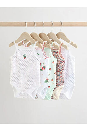 % 100 Pamuklu Beyaz İp Askılı Çilek Desenli 5'li Body Zıbın Set
