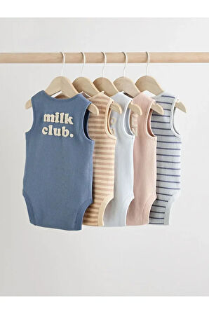 %100 Pamuklu Mavi Krem Baskılı 5'li Body Zıbın Set