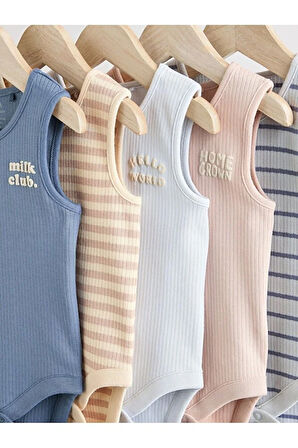 %100 Pamuklu Mavi Krem Baskılı 5'li Body Zıbın Set