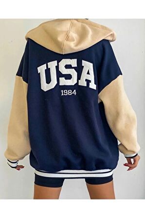 Unisex Oversize Usa Baskılı Kapüşonlu Kolej Ceket