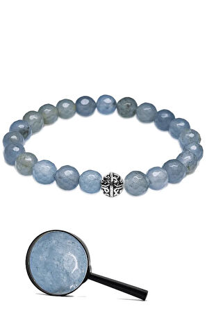 Sertifikalı Gümüş Aparatlı Fasetli Doğal Açık Mavi Akik Taşı Bileklik