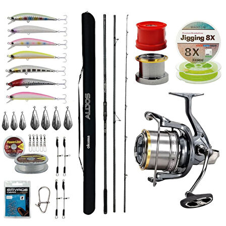 YekOutdoor Yüksek Performans Okuma Olta Seti Okuma Alijos Surf 435 cm 100+250 gr 3 Parça&Okuma Flite Surf FLS35-1500AY Gunsmoke 9+1BB Olta Makinesi