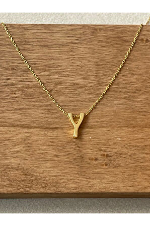 925 Ayar Gümüş Gold Renk Y Harfi Kolye Harfli Kolye 45cm