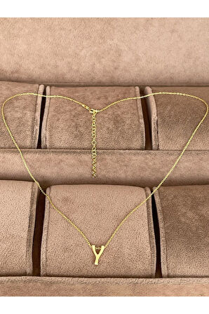 925 Ayar Gümüş Gold Renk Y Harfi Kolye Harfli Kolye 45cm