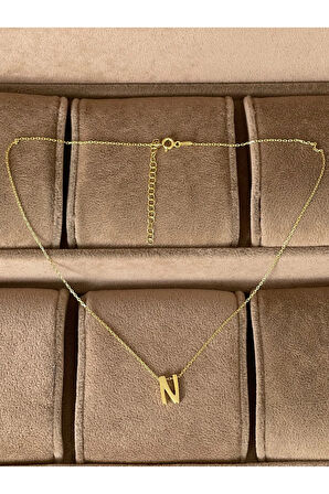 925 Ayar Gümüş Gold Renk N Harfi Kolye Harfli Kolye 45cm