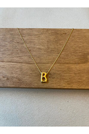 925 Ayar Gümüş Gold Renk B Harfi Kolye Harfli Kolye 45cm