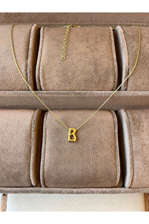 925 Ayar Gümüş Gold Renk B Harfi Kolye Harfli Kolye 45cm