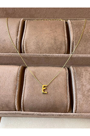 925 Ayar Gümüş Gold Renk E Harfi Kolye Harfli Kolye 45cm