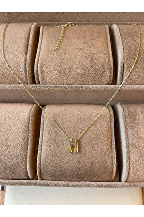 925 Ayar Gümüş Gold Renk H Harfi Kolye Harfli Kolye 45cm