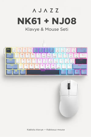 NK61 Red Switch Mekanik Klavye ve NJ08 Kablosuz Mouse Seti Beyaz-Mavi
