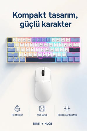 NK61 Red Switch Mekanik Klavye ve NJ08 Kablosuz Mouse Seti Beyaz-Mavi