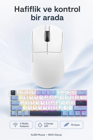 NK61 Red Switch Mekanik Klavye ve NJ08 Kablosuz Mouse Seti Beyaz-Mavi