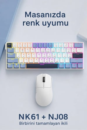 NK61 Red Switch Mekanik Klavye ve NJ08 Kablosuz Mouse Seti Beyaz-Mavi