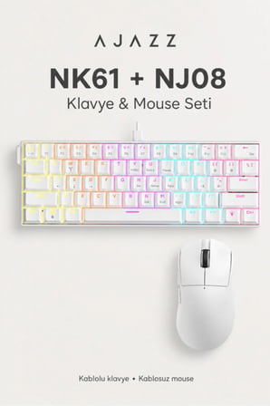 NK61 Red Switch Kablolu Mekanik Klavye ve NJ08 Kablosuz Mouse Seti Beyaz