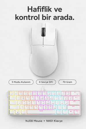 NK61 Red Switch Kablolu Mekanik Klavye ve NJ08 Kablosuz Mouse Seti Beyaz