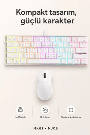 NK61 Red Switch Kablolu Mekanik Klavye ve NJ08 Kablosuz Mouse Seti Beyaz