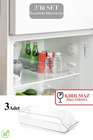 3 lü Kırılmaz Ultra Dayanıklı Buzdolabı Şişe Düzenleyici Organizer Kutu Şeffaf Set