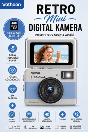 Retro Mini Dijital Kamera 1080P 1.47 İnç Flip Ekranlı Flaşlı Selfie Vlog Kamerası 4GB SD Hediyeli Mavi
