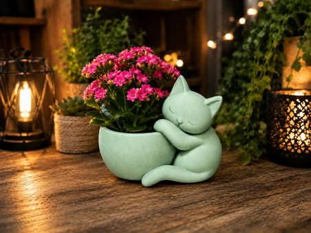 3D Baskı Sarılan Kedi Saksı - Sevimli Dekoratif Saksı - Mint