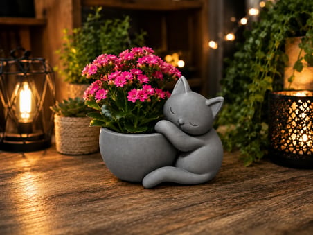 3D Baskı Sarılan Kedi Saksı - Sevimli Dekoratif Saksı - Gri