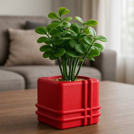 3D Baskı Square Planter - Izgara Desenli Küp Saksı-Kırmızı