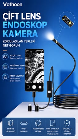 10 Metre Çift Kameralı iOS/Android Uyumlu Yılan Endoskop Kamera 8mm 2MP LED’li Sert Kablo