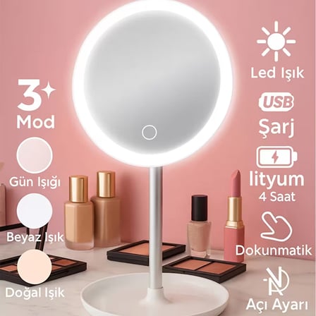 Yuvarlak 6.5 Inc Ledli - Usb Şarjlı Makyaj Aynası 90° Açı Ayarlı Takılı Ayak Renkli Pls İ11-016