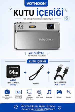 Dijital Kamera 4K HD 48MP 8X Zoom Flaşlı Kayar Retro Video Kamera 2.4’’ Ekran 64GB SD Kart Hediyeli Gümüş