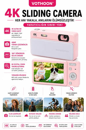 Dijital Kamera 4K HD 48MP 8X Zoom Flaşlı Kayar Retro Video Kamera 2.4’’ Ekran 64GB SD Kart Hediyeli Pembe