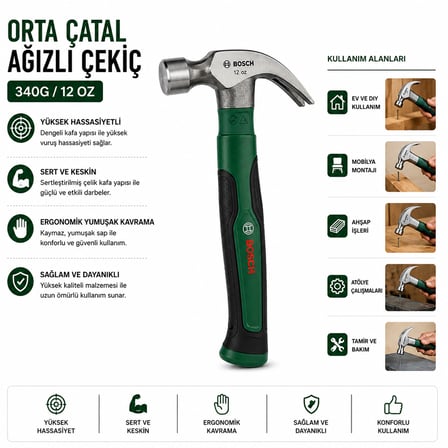 12 oz Orta Çatal Çekiç 24 cm - Ergonomik Yumuşak Sap