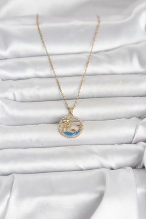 316L Çelik Zincir Gold Renk Zirkon Taşlı Deniz Temalı Kadın Kolye