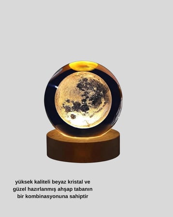 USB Işıklı Ay Kristal Küre 3D Oyma Tasarım Ahşap Standlı Gece Lambası