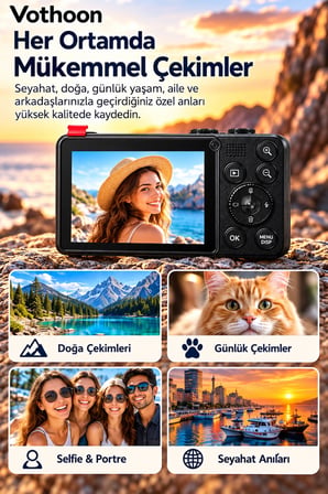 4K Dijital Fotoğraf Makinesi 18X Dijital Zoom 64 MP Ön ve Arka Ekranlı Kompakt Kamera Siyah